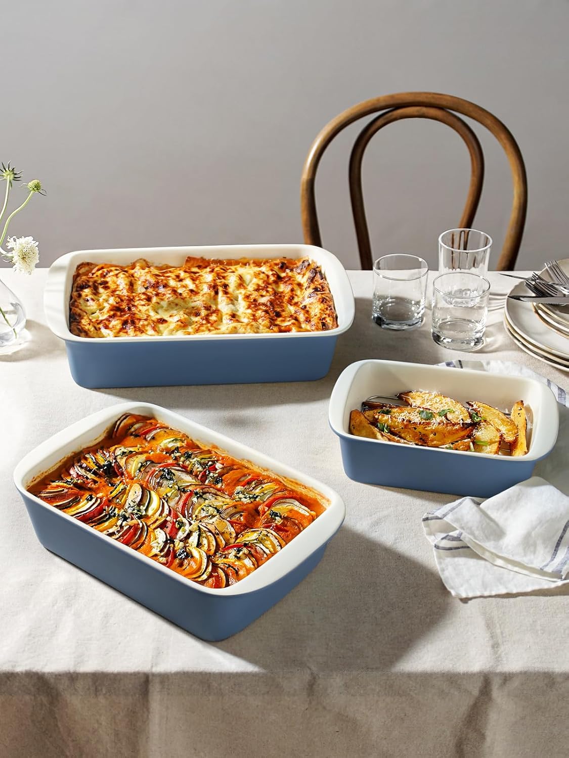 LE TAUCI Ceramic Baking Dish Set - Deep Casserole Dishes with Roasting Racks | Dusty Blue, 3-Piece Set (4.6QT/3.0QT/1.6QT)