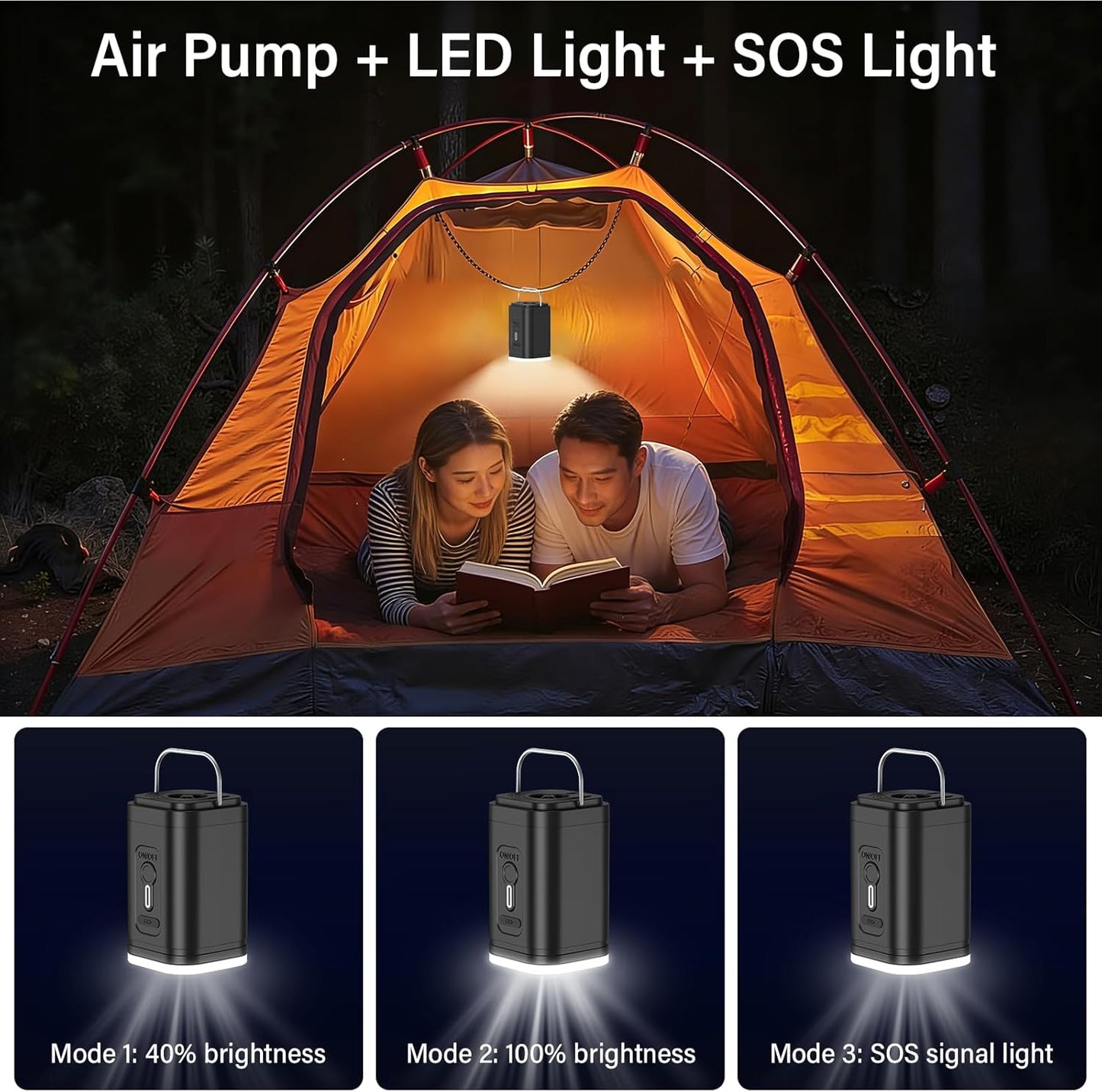 Skiennix Portable Air Mattress Pump - 3-in-1 Camping Air Pump with 2400mAh Battery & LED Light