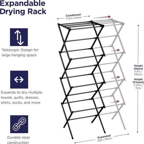 BLACK+DECKER Expandable Collapsible Clothes Drying Rack - Telescopic & Foldable Laundry Air Dryer for Towels, Shirts & Delicates - Durable Steel Design