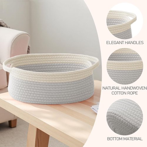 JMvicyroam Woven Storage Basket - Small Rope Organizer with Handles for Shelves & Closets | White & Grey