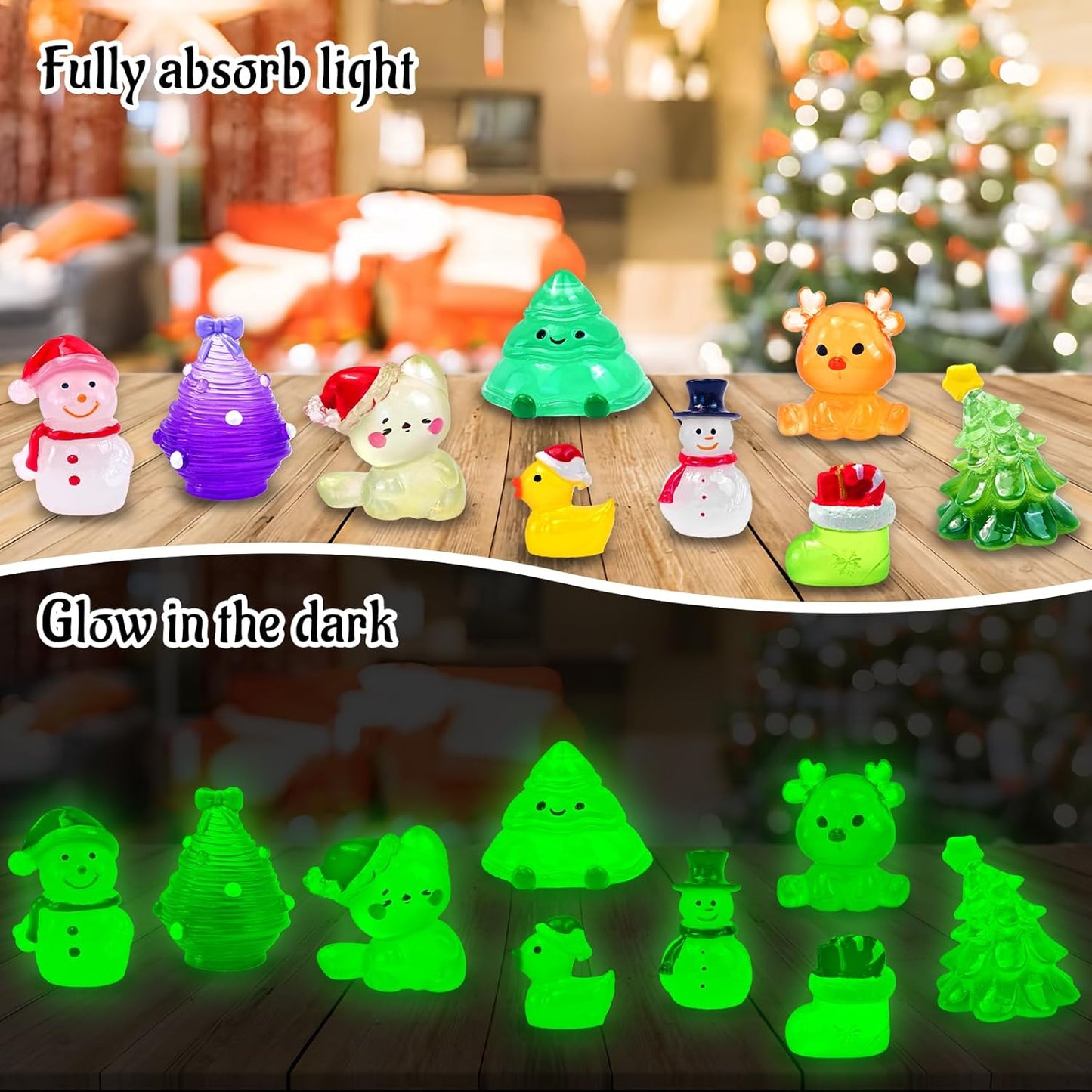Skiennix 52 Pcs Luminous Mini Christmas Figurines - Glow in The Dark Resin Snowman Set for Holiday Decor