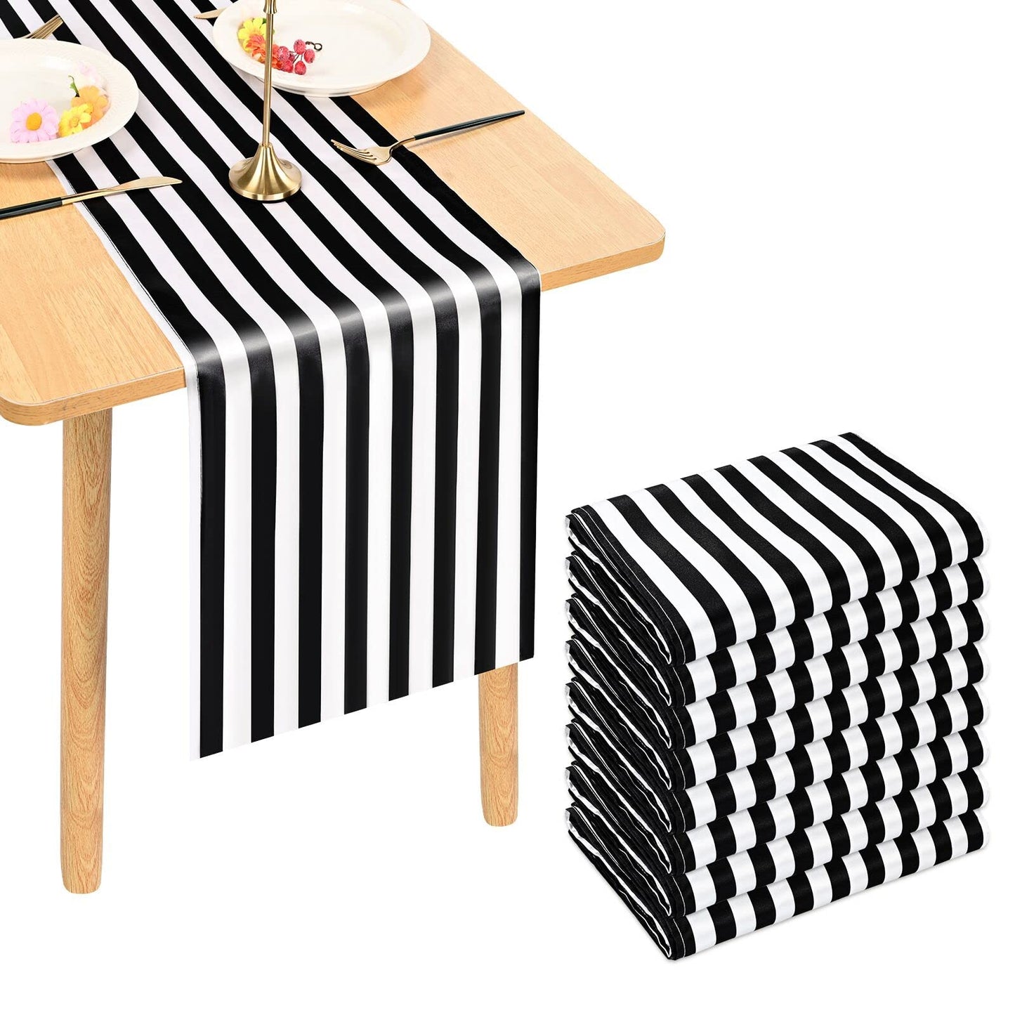 Lykoow 8 Pack Striped Table Runner Polyester Classic Black and White Striped Table Decor for Indoor Outdoor Events, Wedding, Birthday Parties, Banquets and Celebrations (12 x 72 Inch)