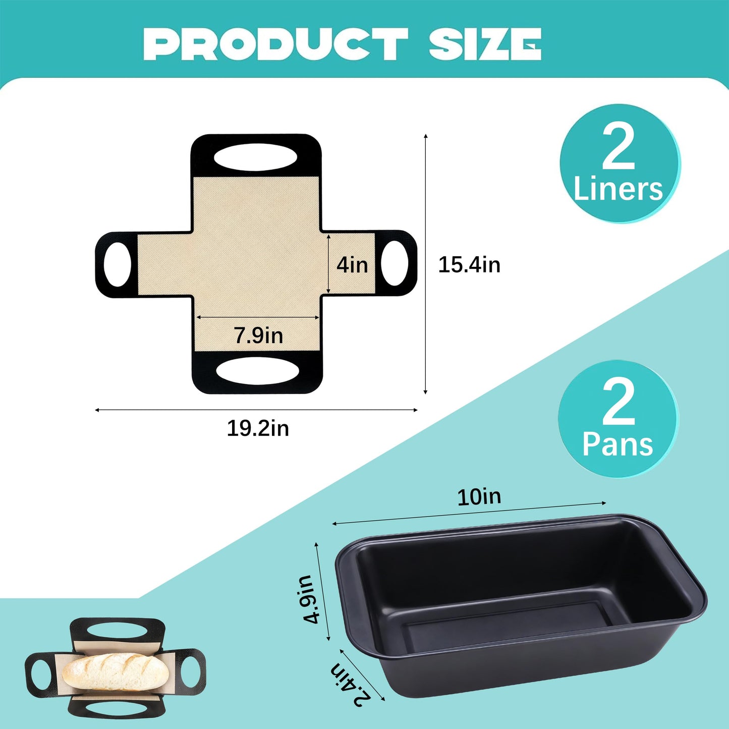 9 x 5 Loaf Pan Set with Silicone Bread Sling – 2 Bread Pans + 2 Nonstick Loaf Liners for Homemade Baking, Sourdough, Banana Bread, Sandwich Loaves – Rectangular Baking Tray for Kitchen Home Baker