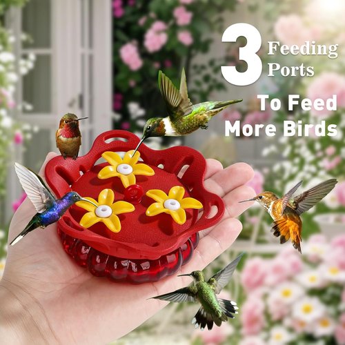 Fchstaer Glass Hummingbird Feeders - Set of 2 with Bee Guard Ports | 3.4oz Red Outdoor Decor