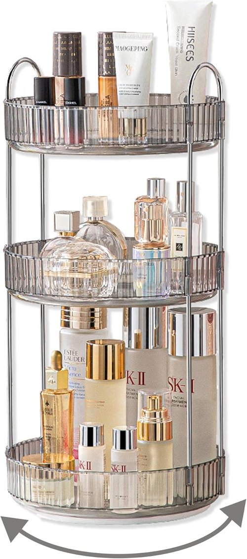 Asayuee 360 Rotating Makeup Organizer - Large 3-Tier Storage for Bathroom & Cosmetics | Grey