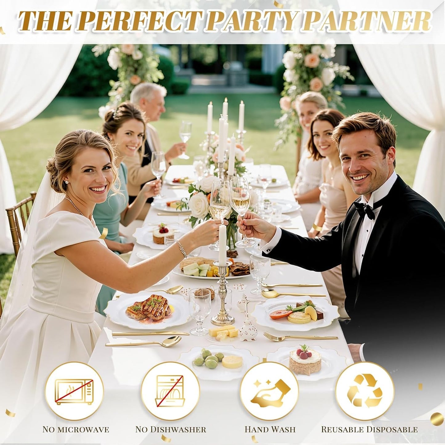 WDF 200PCS White and Gold Plastic Plates - Gold Plastic Plates - Include 100 Dinner & 100 Dessert Disposable Party Plate - Fancy Disposable Plate for Wedding/Baby Shower/Spring