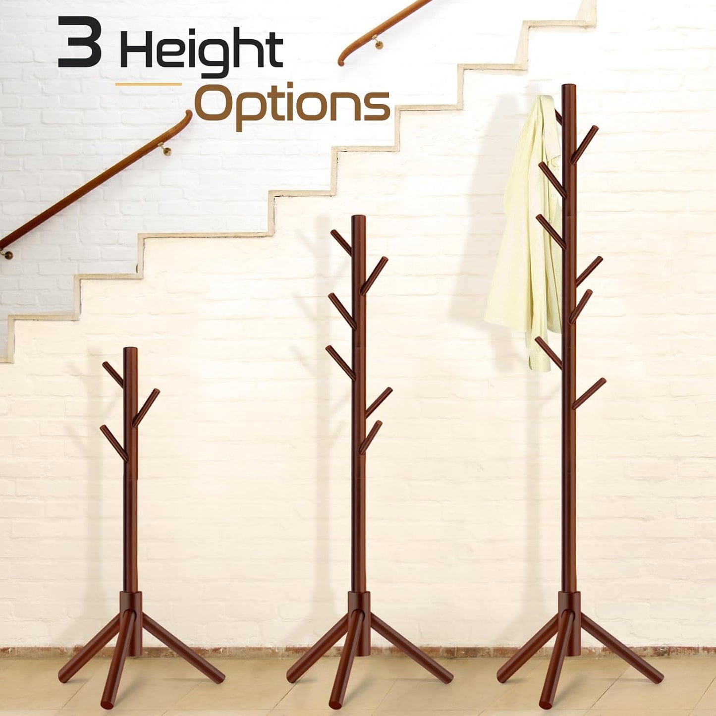 Solid Wooden Coat Rack - Freestanding New Zealand Pine Tree with 8 Hooks | Adjustable Sizes for Coats, Hats, and Handbags (Brown)