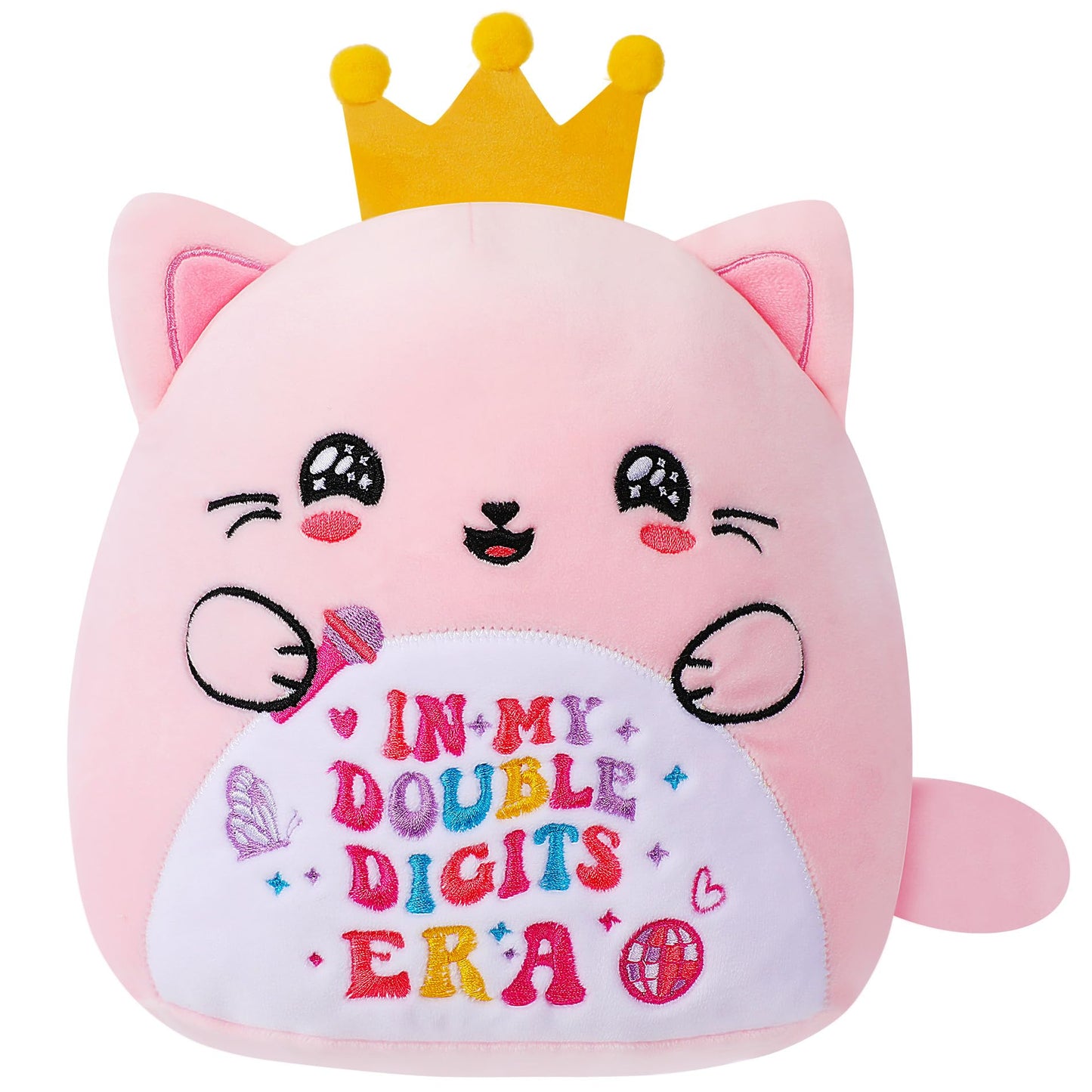 NIUBEHOHO 10th Birthday Gifts Cat Plush – Pink Cat Stuffed Animal with Crown for Girl Birthday Party Decoration 10 Years Old Girls in My Double Digits Era Themed 10 Inch