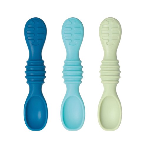 Bumkins Baby Utensil Set - Silicone Trainer Spoons for Self-Feeding | Soft Tip, 3-Pack in Blue & Green