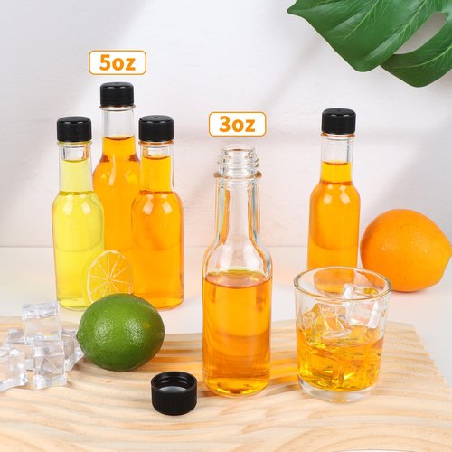 GUANENA 35 Pack 3oz Hot Sauce Bottles, Clear Glass Woozy Bottles with Leak Proof Black Screw Caps, Dripper Inserts and Shrink Capsules, Empty Small Wine Bottle with Labels (Bonus Funnel and Twine)
