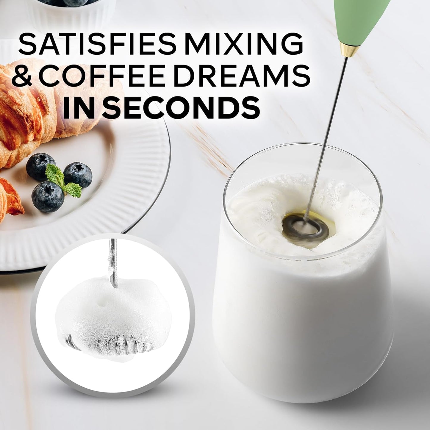 Zulay Kitchen Milk Frother Wand - Ultra Fast Handheld Electric Whisk for Coffee & Lattes - Forest Gold