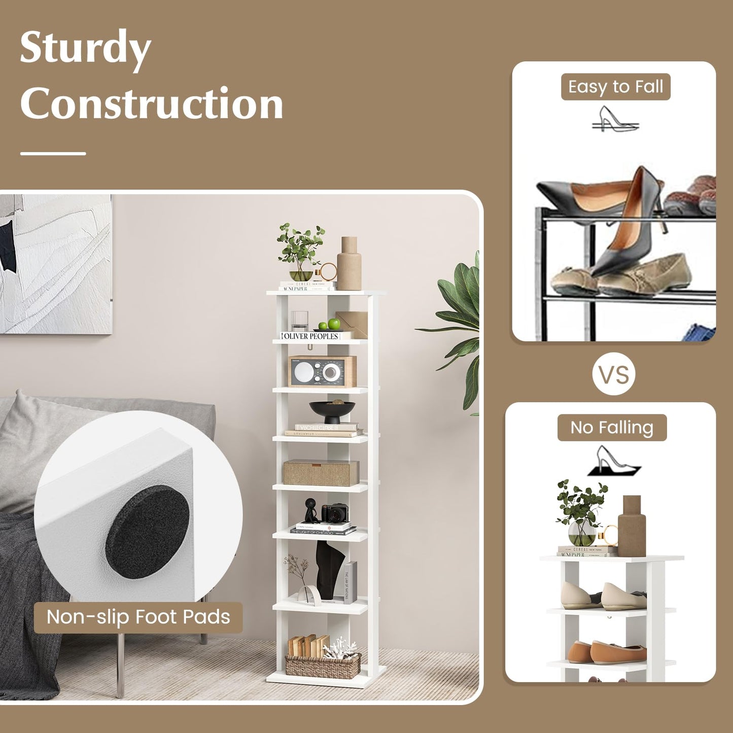 HOMGX 7-Tier Vertical Shoe Rack, Tall Narrow Shoe Storage with Removable Shelves, Space Saving Shoe Tower Organizer, Free Standing Corner Shoe Rack for Entryway, Bedroom, Living Room (White)