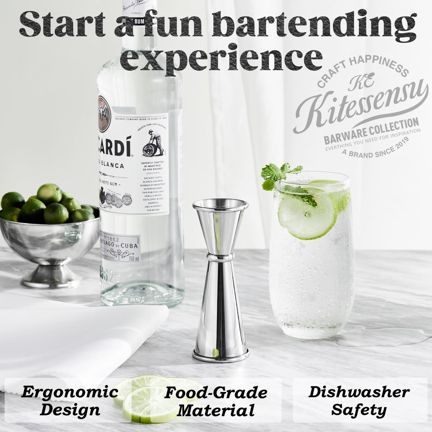 KITESSENSU Jigger for Bartending, Japanese Jigger 2 oz 1 oz with Measurements Inside, 304 Stainless Steel Double Cocktail measuring cup, Professional Bar Tool for Home & Bar Use