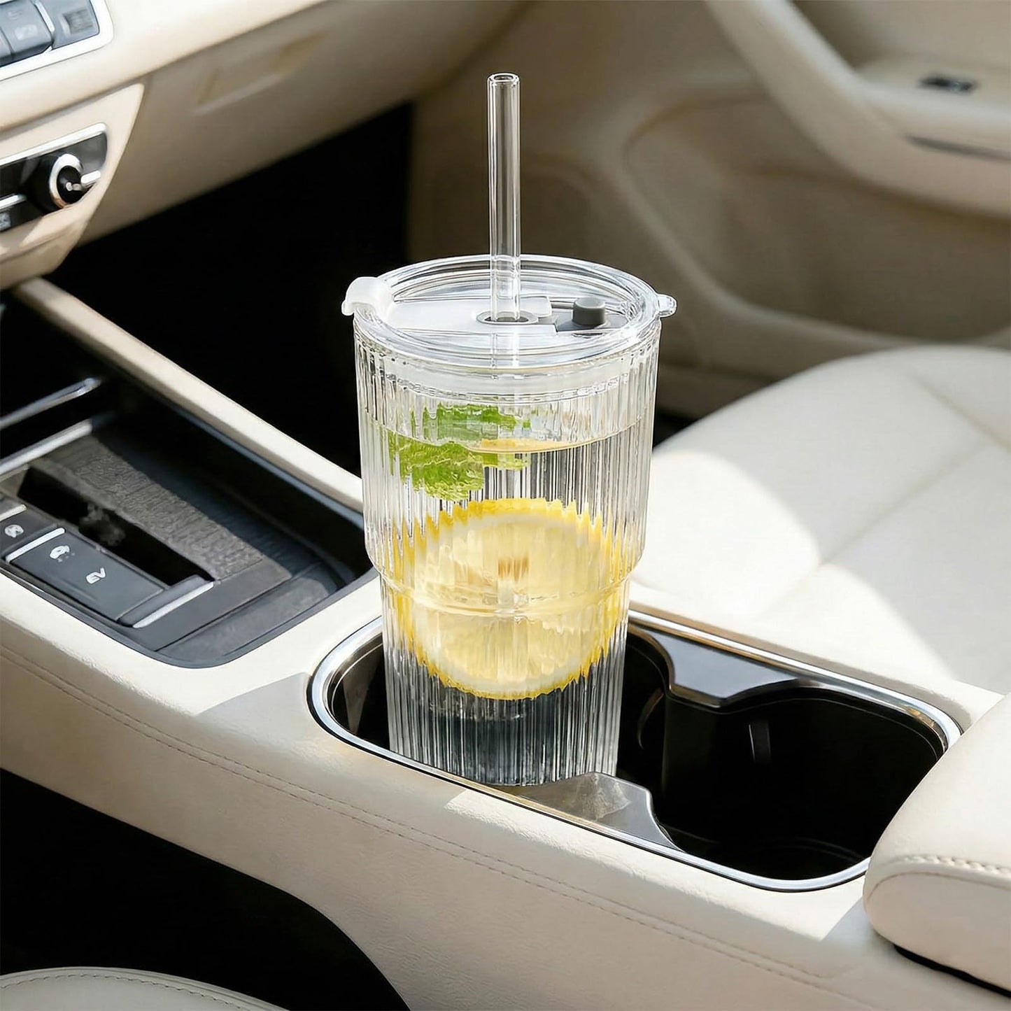 Haundry 20oz Ribbed Glass Cups with Lids and Straws, 4 Pack Iced Coffee Cups with Lids, Leak-Resistant Glass Tumblers, Reusable Coffee Cups for Coffee Bar, Matcha, Smoothies, Juice
