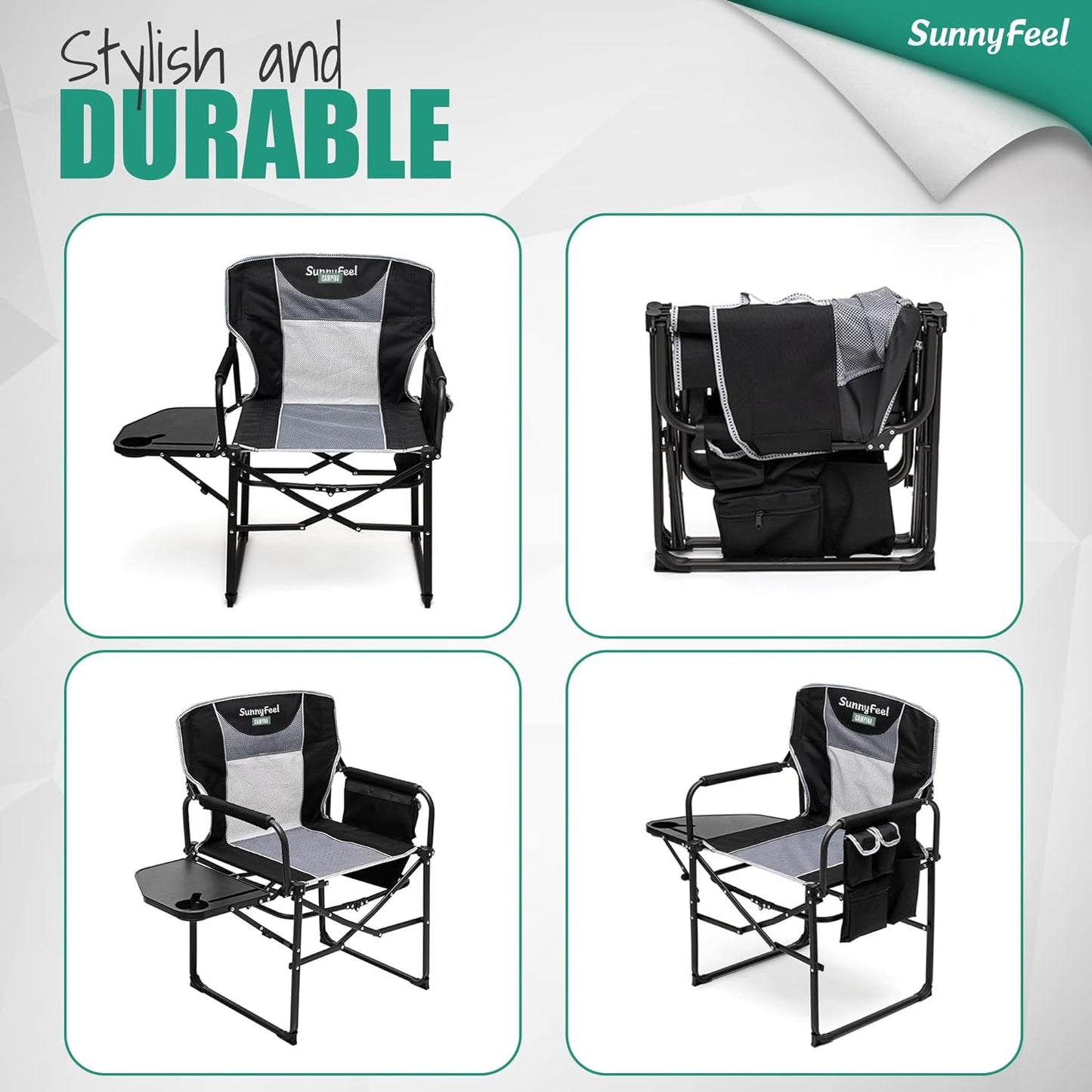 SUNNYFEEL Heavy-Duty Camping Directors Chair - Oversized Portable Folding Chair with Side Table & Pocket for Outdoor Use
