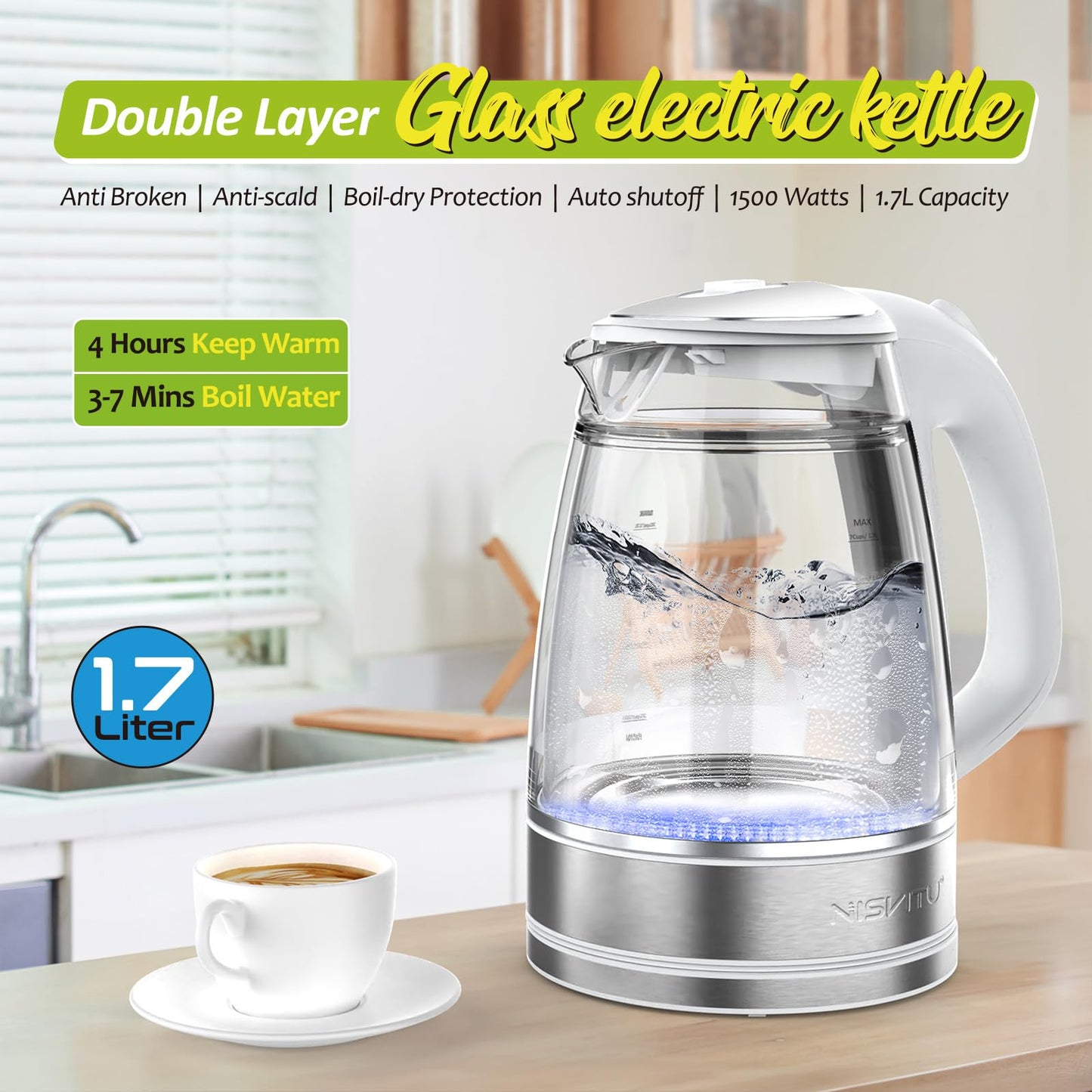 NISVITU Glass & Stainless Steel Cordless Electric kettle for boiling water, Hot water boiler Electric Tea Kettle automatic shut off Boil-Dry Protection, PC Outer + Glass Inner, 1500W, 1.7L, WH