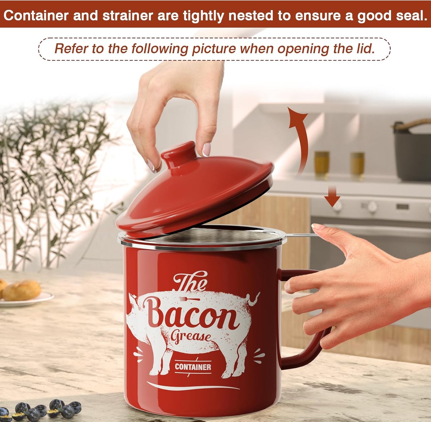 Regine Switzerland Bacon Grease Container - 46oz Enamel Keeper with Strainer & Silicone Spatula | Dishwasher Safe, Red