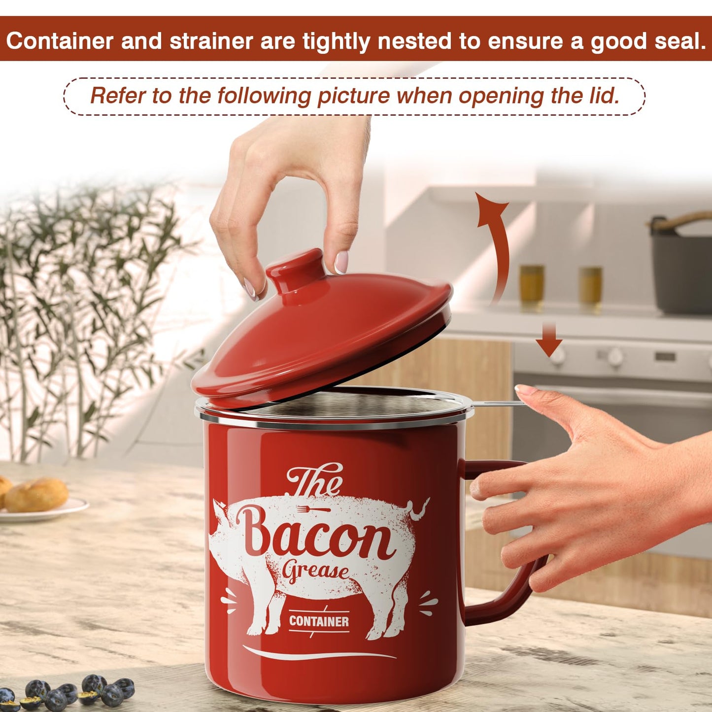 Bacon Grease Container With Strainer, 46OZ Large Enamel Grease Container, With Silicone Spatula, Farmhouse Bacon Grease Keeper, Cooking Oil Container For Kitchen Fat Storage, Dishwasher Safe-Red