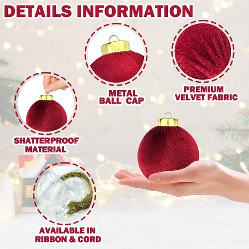 Dark Red Velvet Balls Ornaments - 15 PCS Shatterproof 3.15 Inch Decorative Christmas Baubles | Flocked Burgundy Holiday Decor
