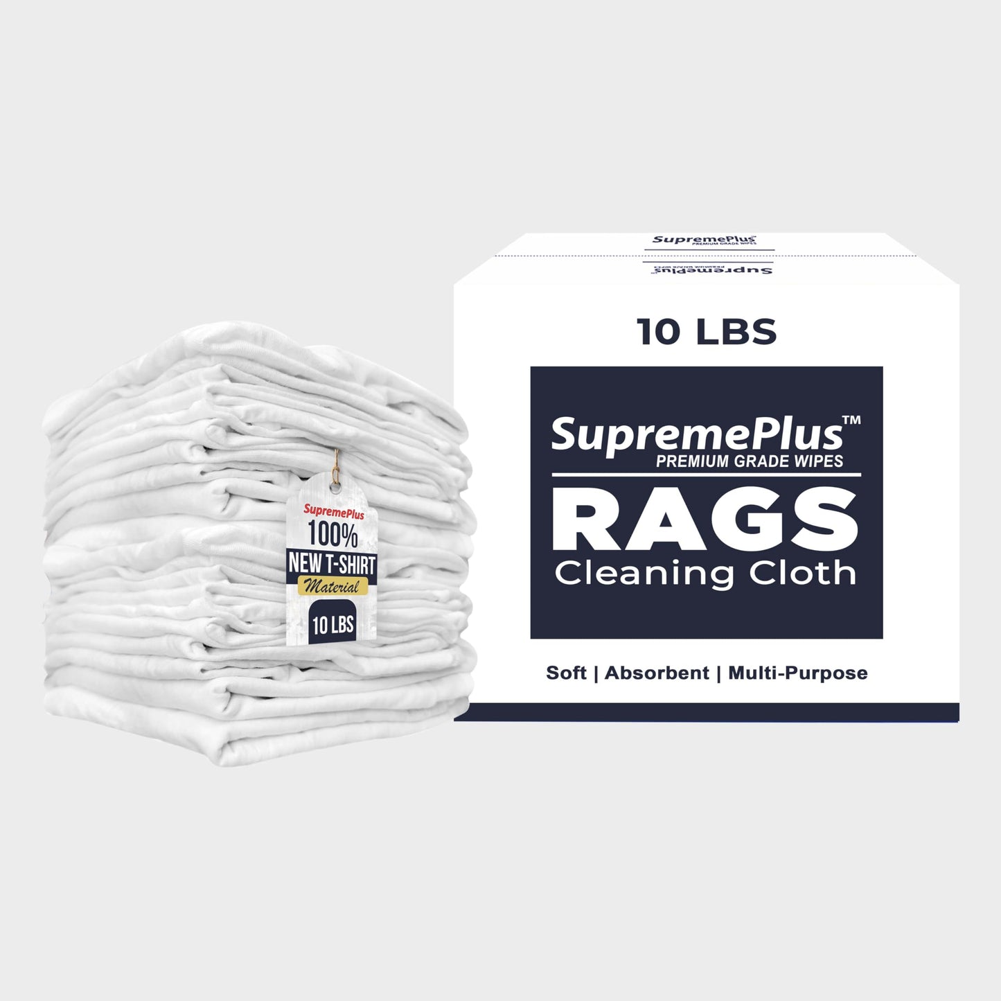 SupremePlus Premium New White Cotton Knit T-Shirt Rags (10 lbs. Box of Rags) - Lint-Free, Soft & Absorbent Cleaning Cloths for Auto, Paint, Garage, Staining & Polishing