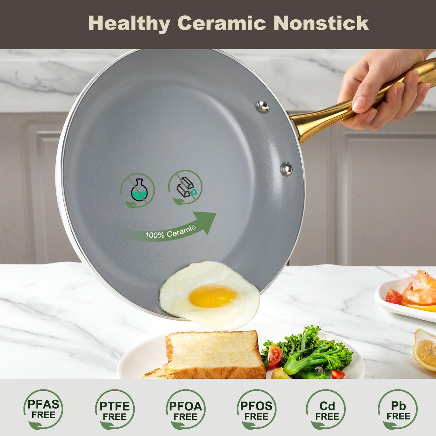 OUBRL ceramic cookware set,Healthy,Non Toxic,Pots and Pans Set non stick,14-Pcs Kitchen induction cooking Sets, nonstick Pot and Pan Set with silicione Utensils,PFOS/PFOA Free,Cream and Gold