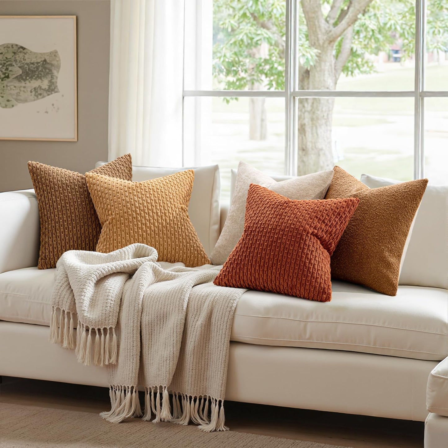 MIULEE Throw Pillow Covers - Soft Corduroy Boho Striped Decorative Set of 2 | Rust 18x18 Inch for Couch & Sofa