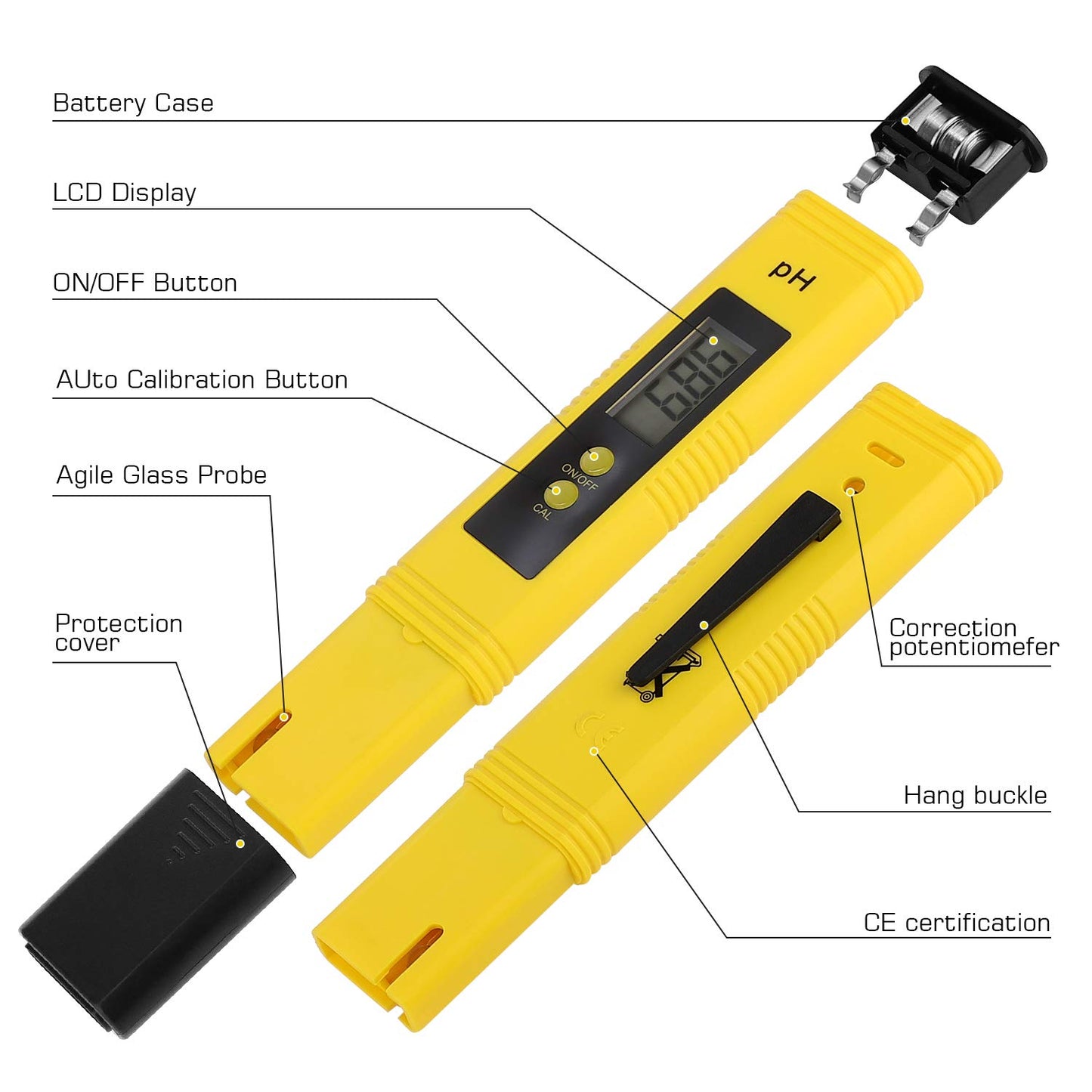 PH Meter for Water Hydroponics Digital PH Tester Pen 0.01 High Accuracy Pocket Size with 0-14 PH Measurement Range for Household Drinking, Pool and Aquarium (2, Yellow, Normal)