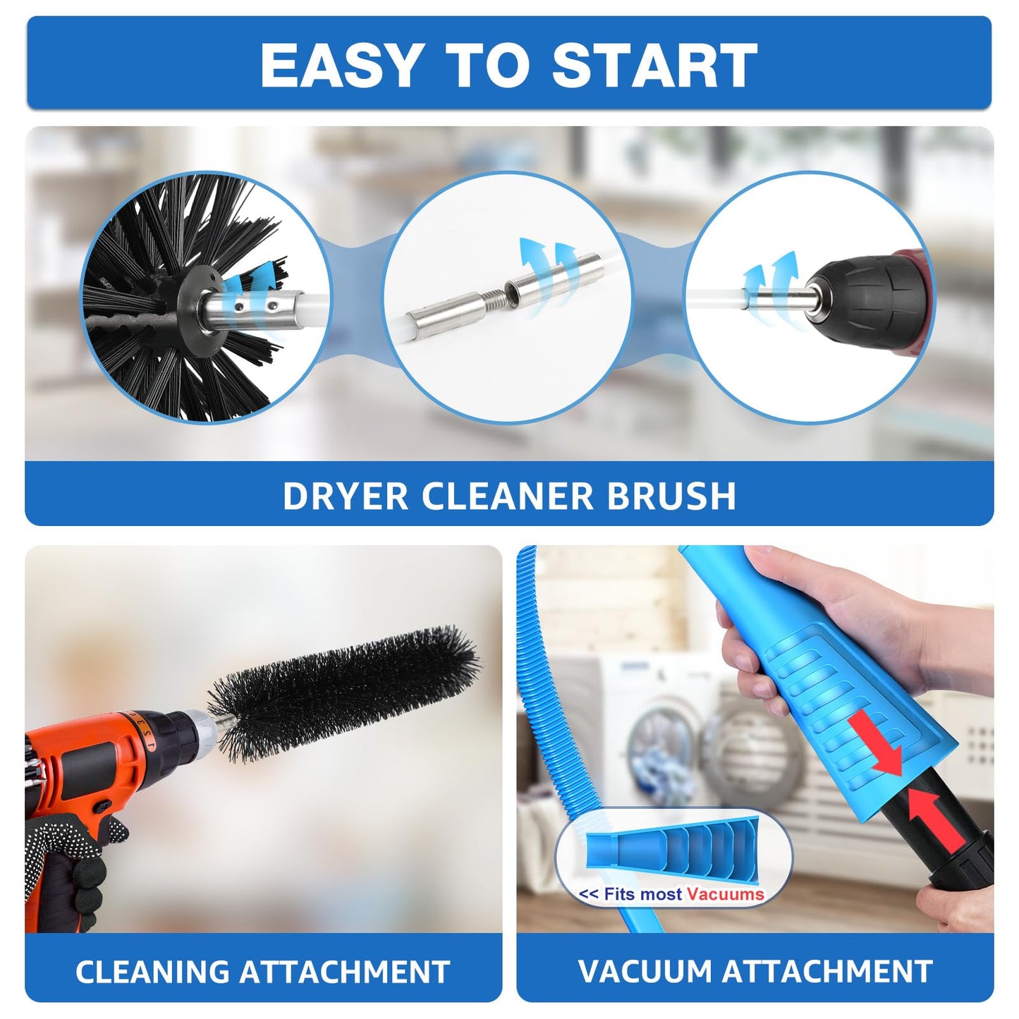 PetOde 32-Feet Dryer Vent Cleaner Kit, Dryer Vent Cleaning Kit Lint Remover with Dryer Vent Brush, Vacuum Hose Attachment Cleaning Tools, Flexible Lint Trap Brush, Vacuum & Dryer Adapters