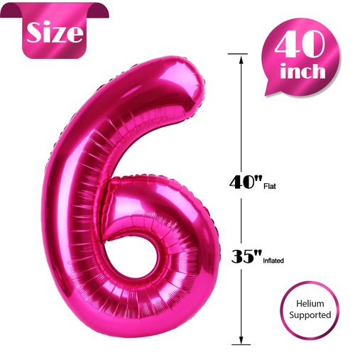 Hot Pink Number 6 Balloon 40 Inch, 6th Birthday Party Decorations for Children, Giant 6 Foil Balloon for Party Supplies