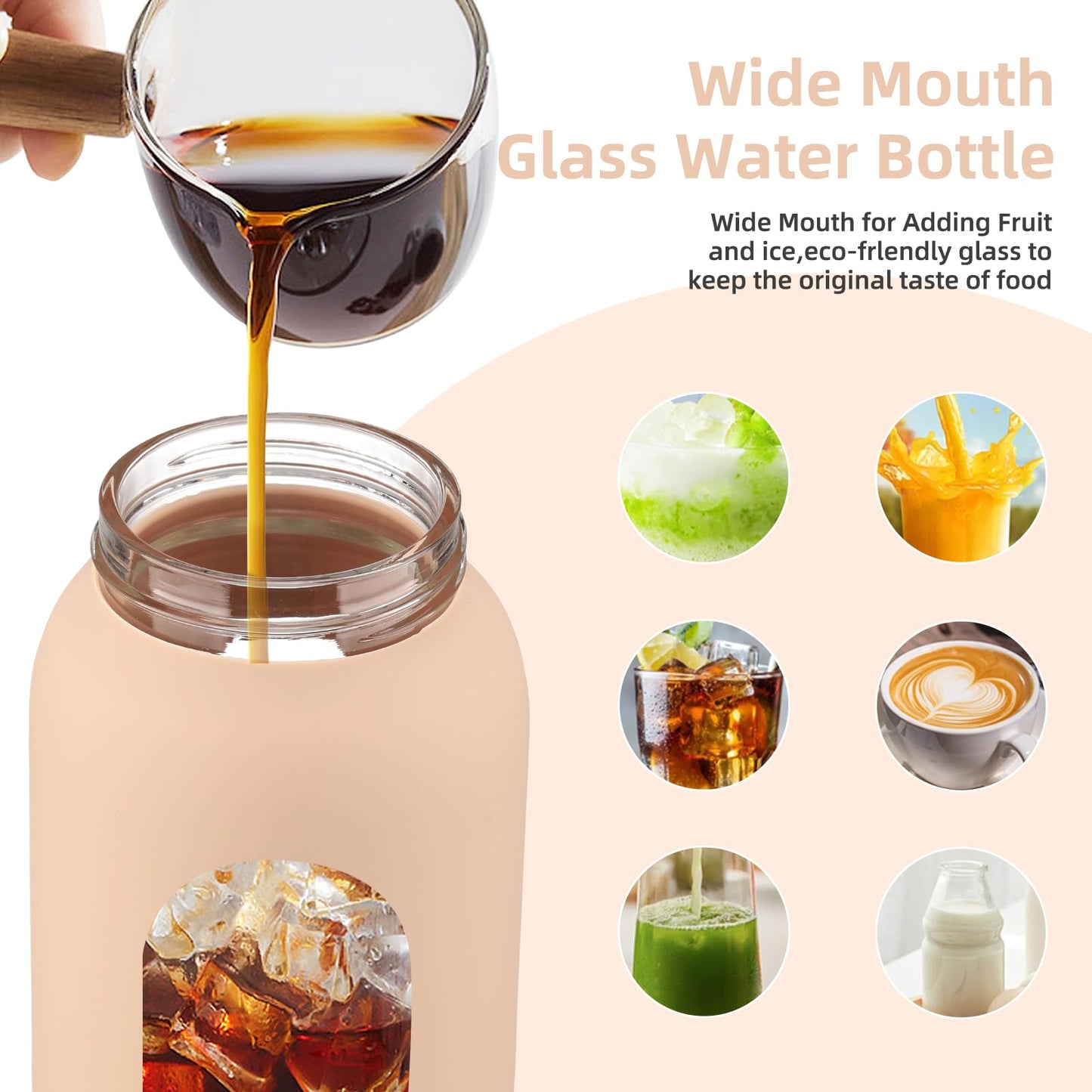 Olivego 32 oz Glass Water Bottle with 2 Lids-Handle Straw Lid & Bamboo Lid,1 Liter Motivataional Tumbler Water Bottle Time Marker, Borosilicate Glass Water Bottles With Silicone Sleeve, Leakproof