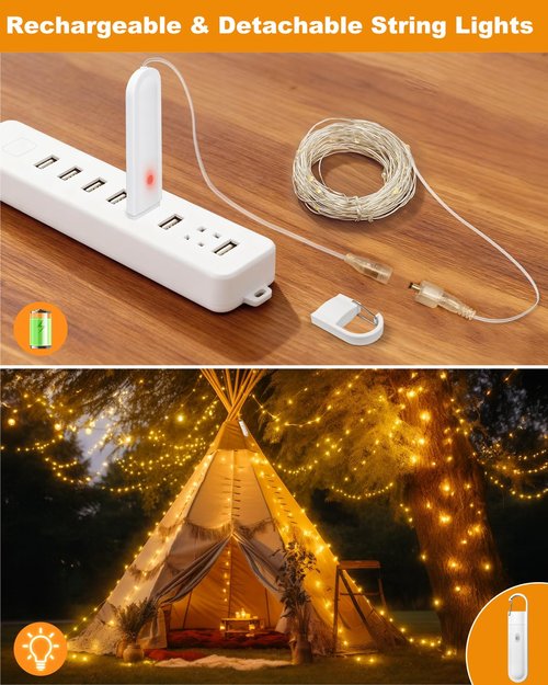 btfarm Rechargeable Fairy Lights Battery Operated, 33FT 100LED Twinkle Lights with Remote & Timer, 8 Modes Waterproof String Light for Indoor Outdoor Christmas Camping Plants Craft Decor, Warm White