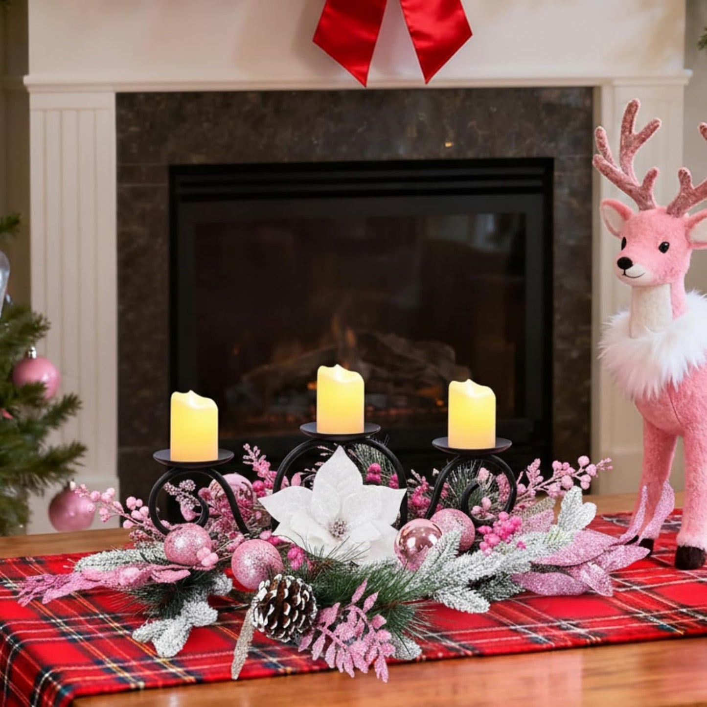 Maxdot Pink Christmas Candle Holder - Elegant Metal Poinsettia Design | Perfect Table Centerpiece for Holiday Decor
