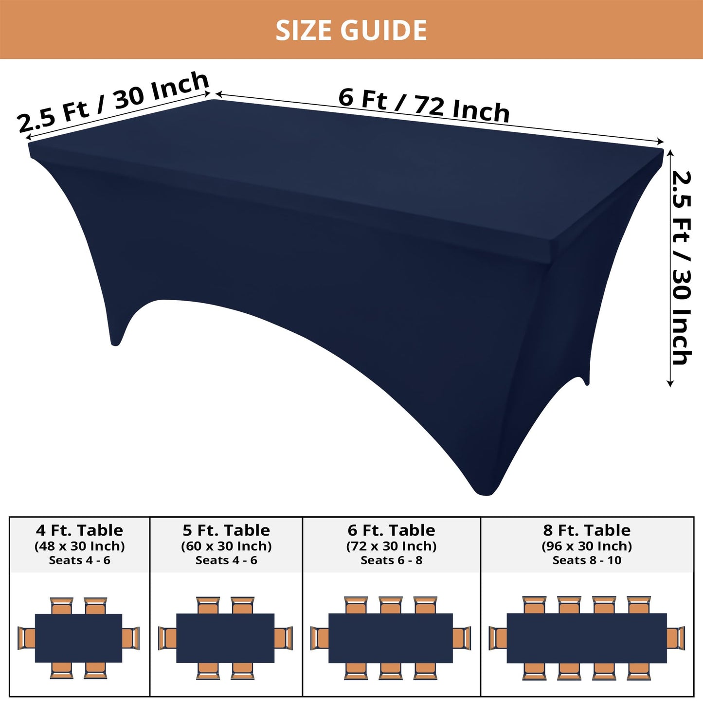 Utopia Kitchen Spandex Tablecloth 10 Pack [6FT, Navy Blue] Tight, Fitted, Washable and Wrinkle Resistant Stretch Table Cloth Rectangle Cover for Trade Show, Weddings & Parties [72Lx30Wx30H Inch]