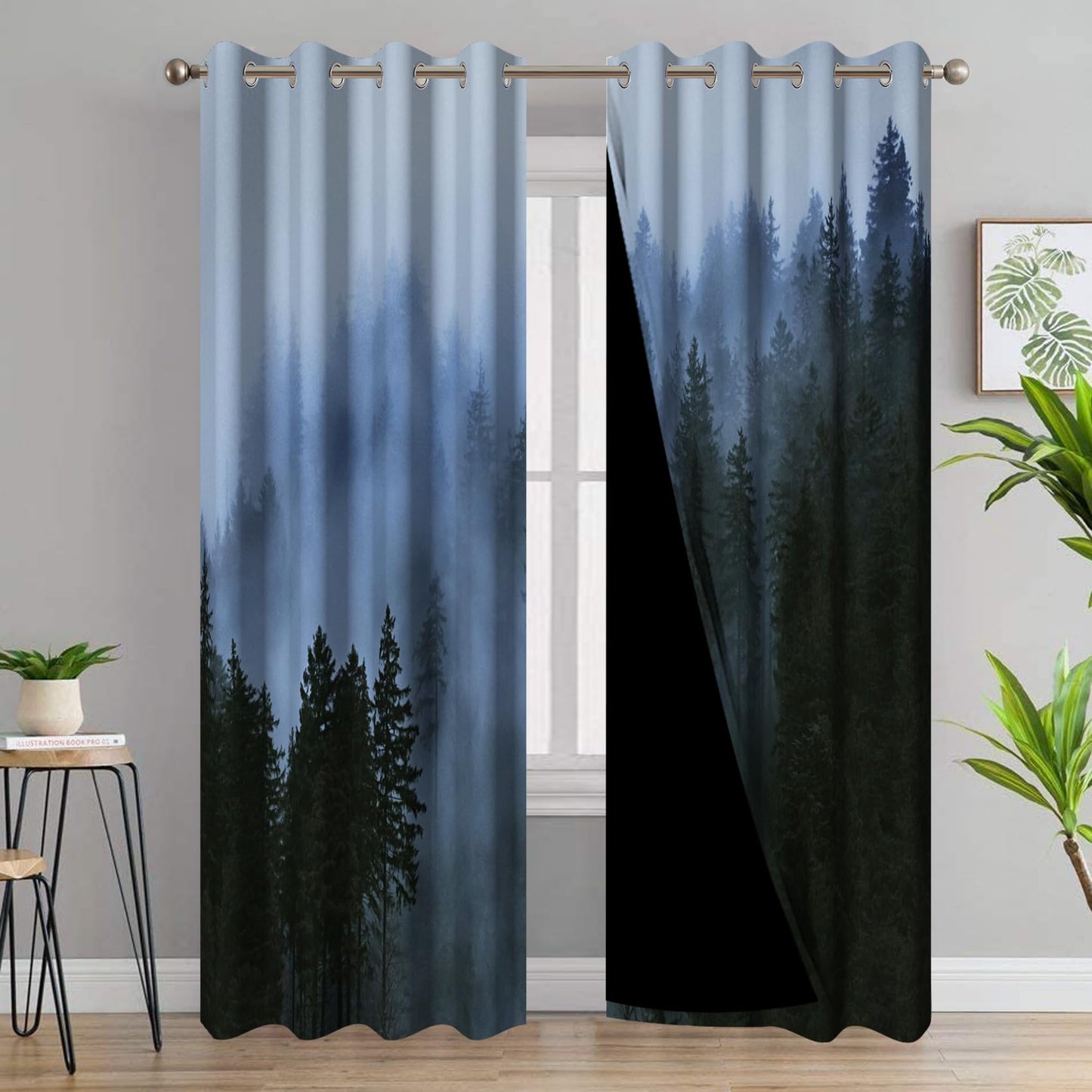 AWERT Blackout Curtains for Bedroom Light Blue Tree with Fog Nature Forest Curtains 2 Panels for Living Room Heat Blocking 42x84inch
