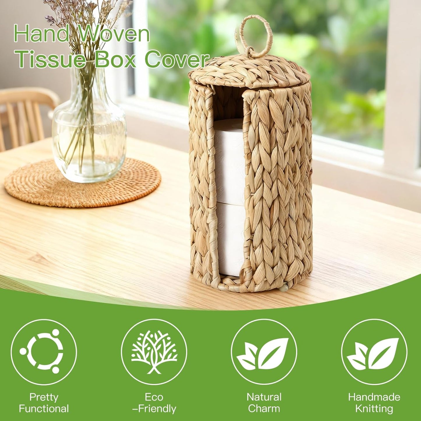 Wicker Waste Basket - Handwoven Water Hyacinth Trash Can with Lid | 2.5 Gal Rustic Decor for Home