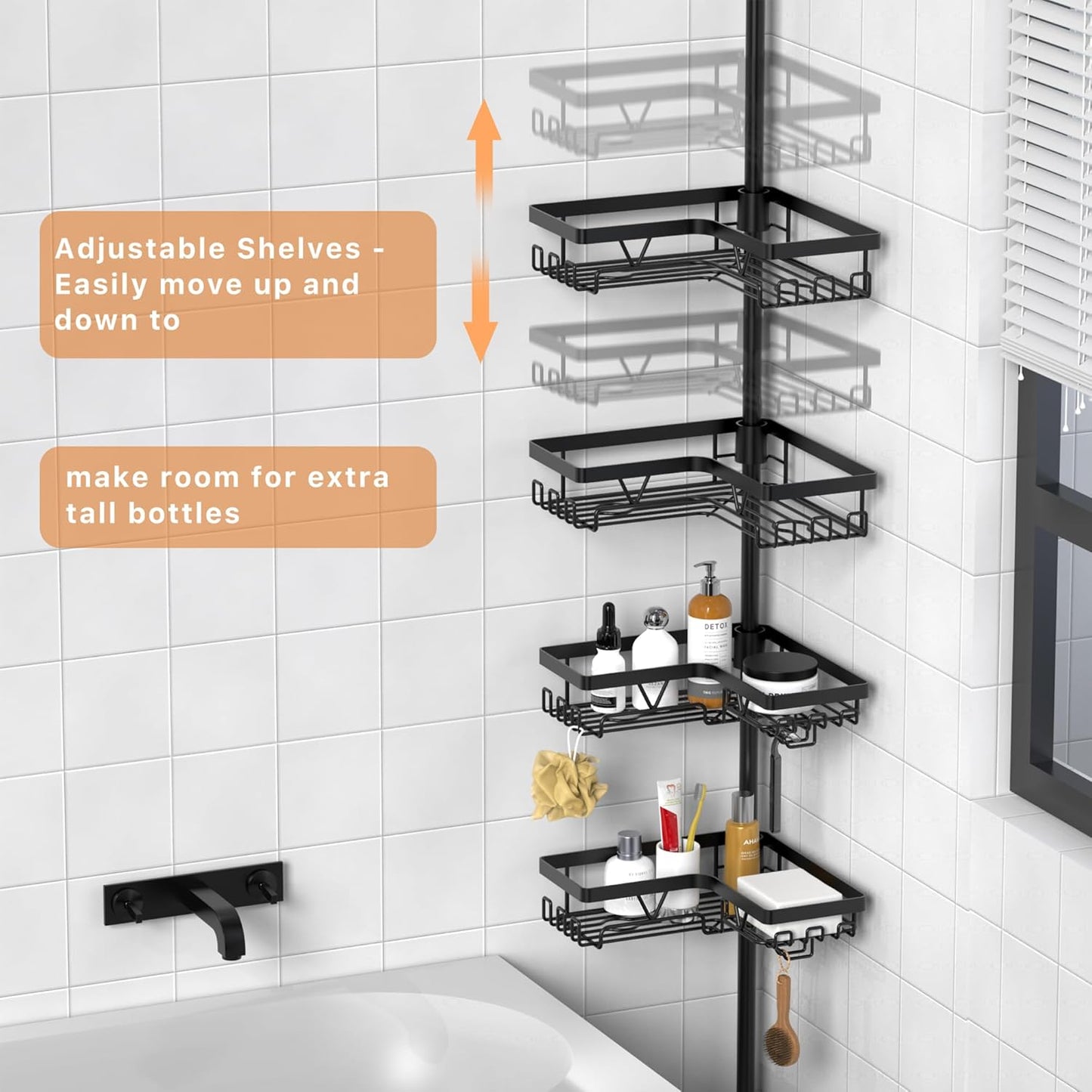KEGII Corner Shower Caddy Tension Pole - Waterproof Floor-to-Ceiling Organizer | 25-114.2 Inch, Black