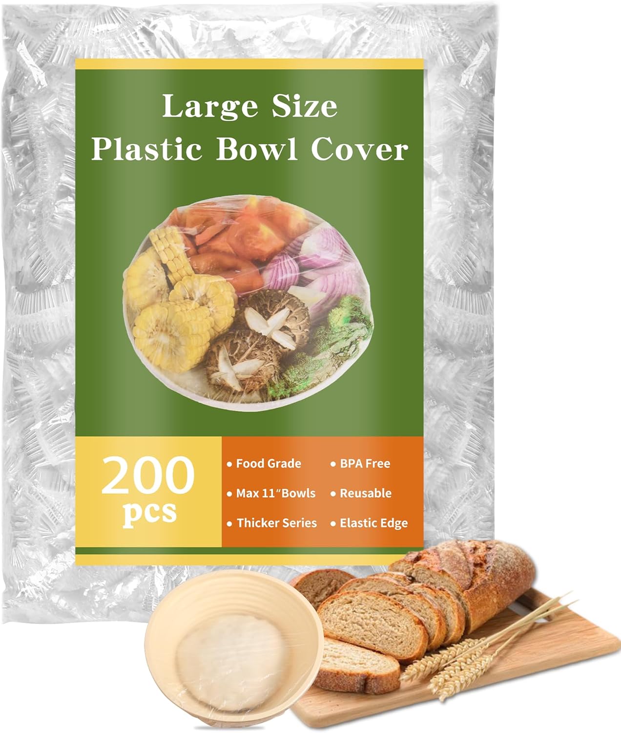 Skiennix 200 Bowl Covers - Large Elastic Reusable Plastic Wrap for Food Storage & Sourdough Proofing - BPA-Free
