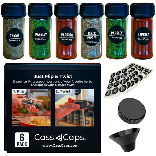 CassCaps Spice Jars & Measuring Caps Set – Measure Straight from The Bottle! Faster Meal Prep, No Mess, No Clean Up. 6 Pack
