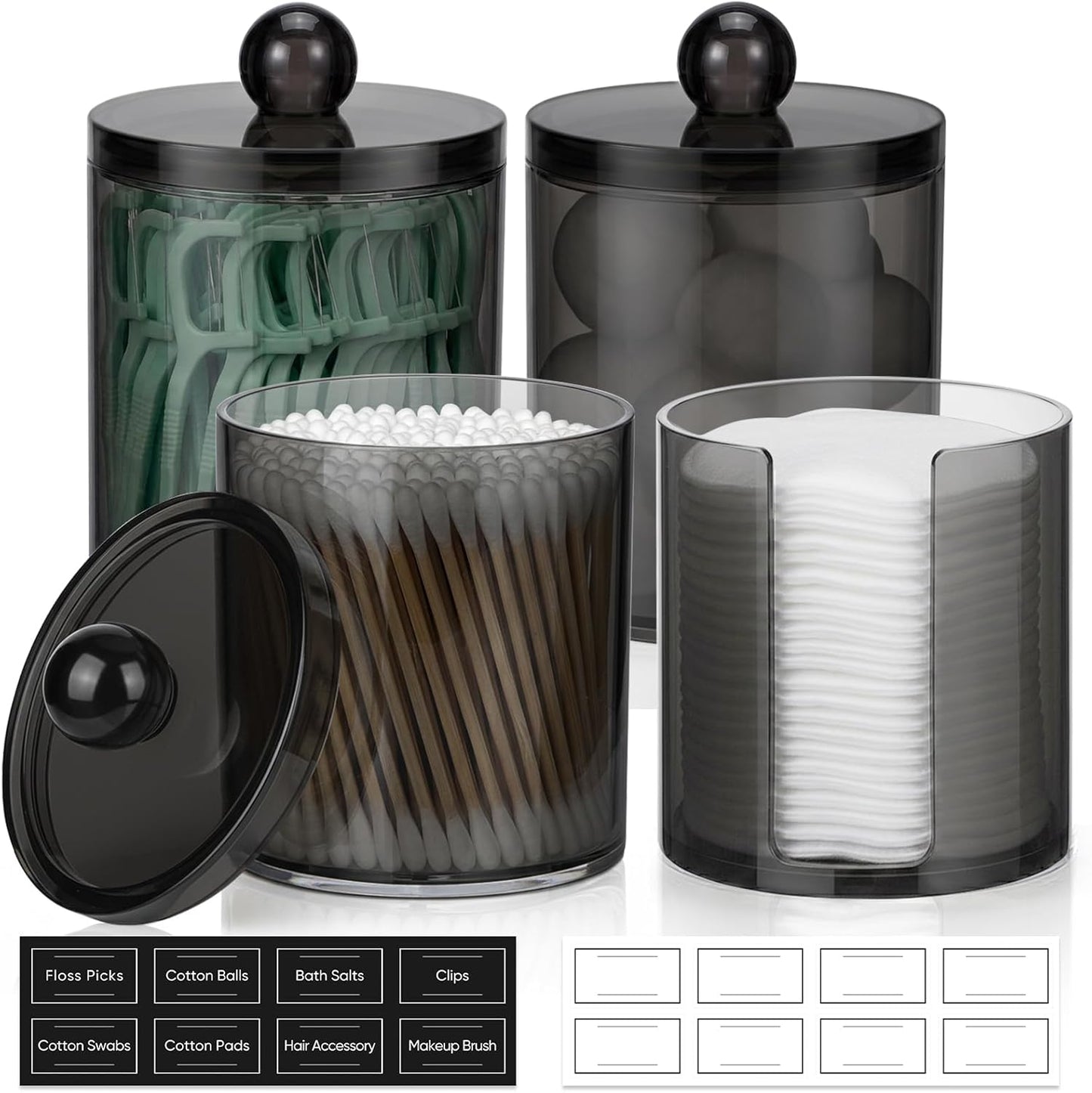 Skiennix Acrylic Qtip Holder Dispenser - Clear Plastic Apothecary Jar Set for Cotton Swabs & Makeup Storage
