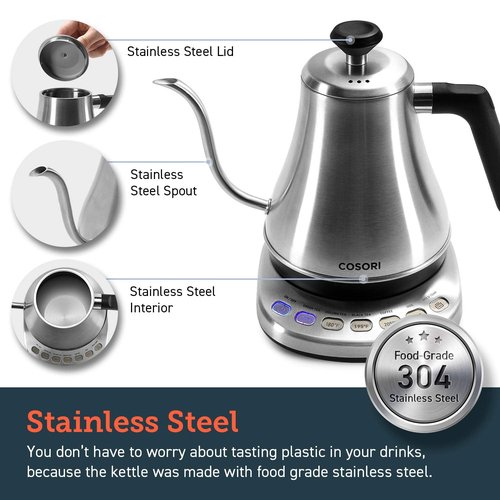 COSORI Gooseneck Electric Kettle with 5 Variable Presets, Pour Over & Coffee maker, 100% Stainless Steel Inner Lid & Bottom, 1200 Watt Quick Heating, 0.8L, Silver