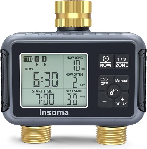 Insoma Water Timer - Brass Inlet & Outlet | 2-Zone Outdoor Hose Timer for Garden with Auto/Manual/Rain Delay