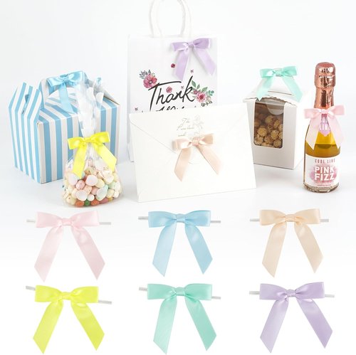 AIMUDI Satin Twist Tie Bows - 2.5" Pastel Gift Wrapping Bows | 60 Pack for Crafts & Celebrations