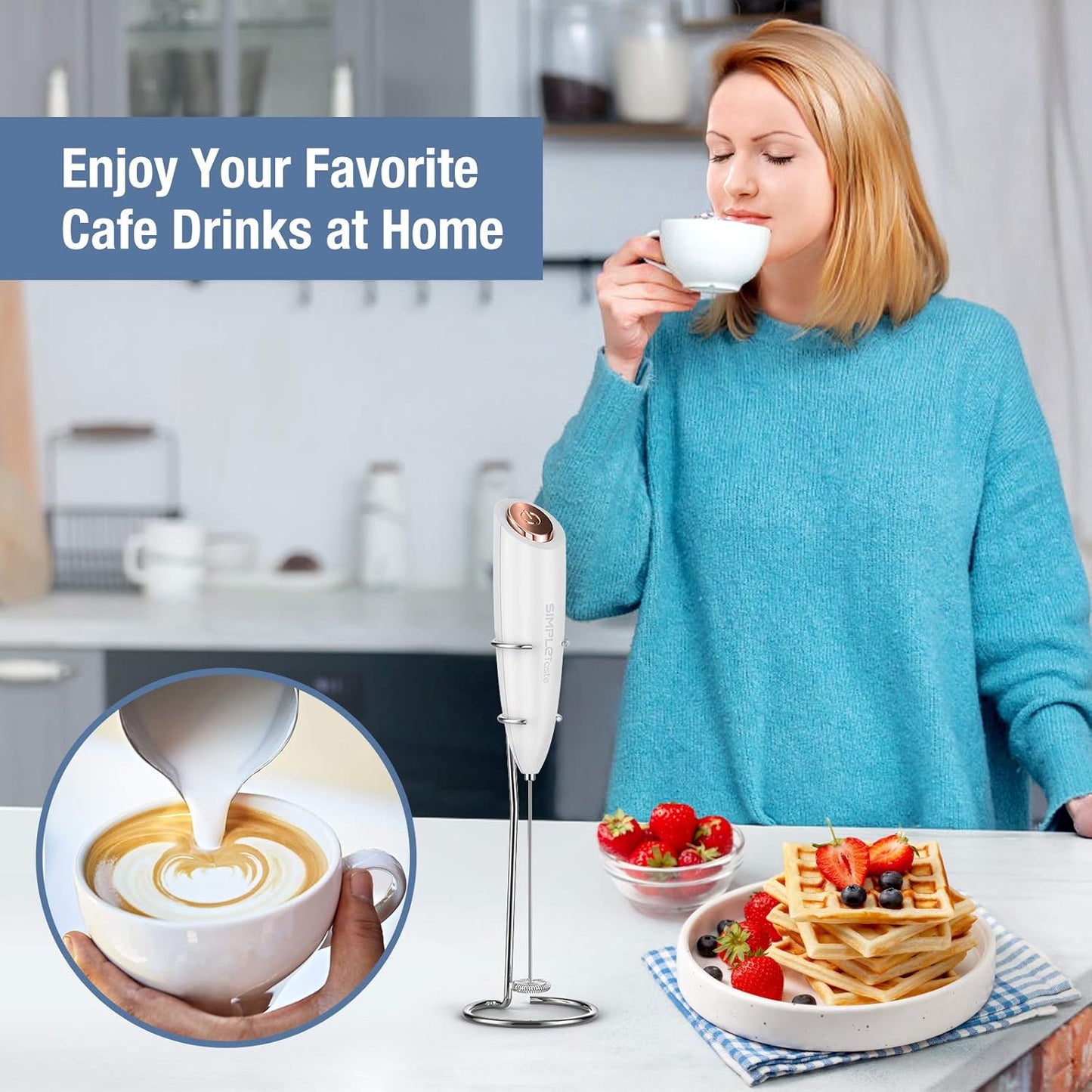SIMPLETASTE Milk Frother - Handheld Electric Foam Maker for Cappuccino & Latte - White with Stand