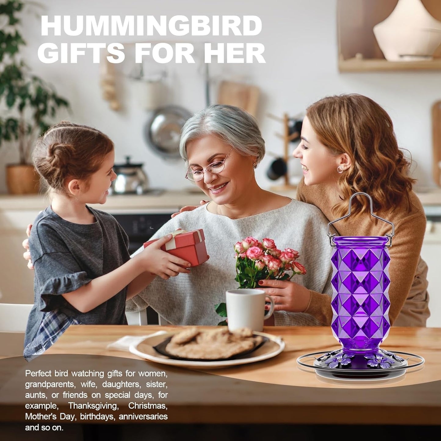 Skiennix Glass Hummingbird Feeder - 25 Ounce Leak-Proof Outdoor Nectar Feeder with 5 Flower Ports | Purple Garden Decor