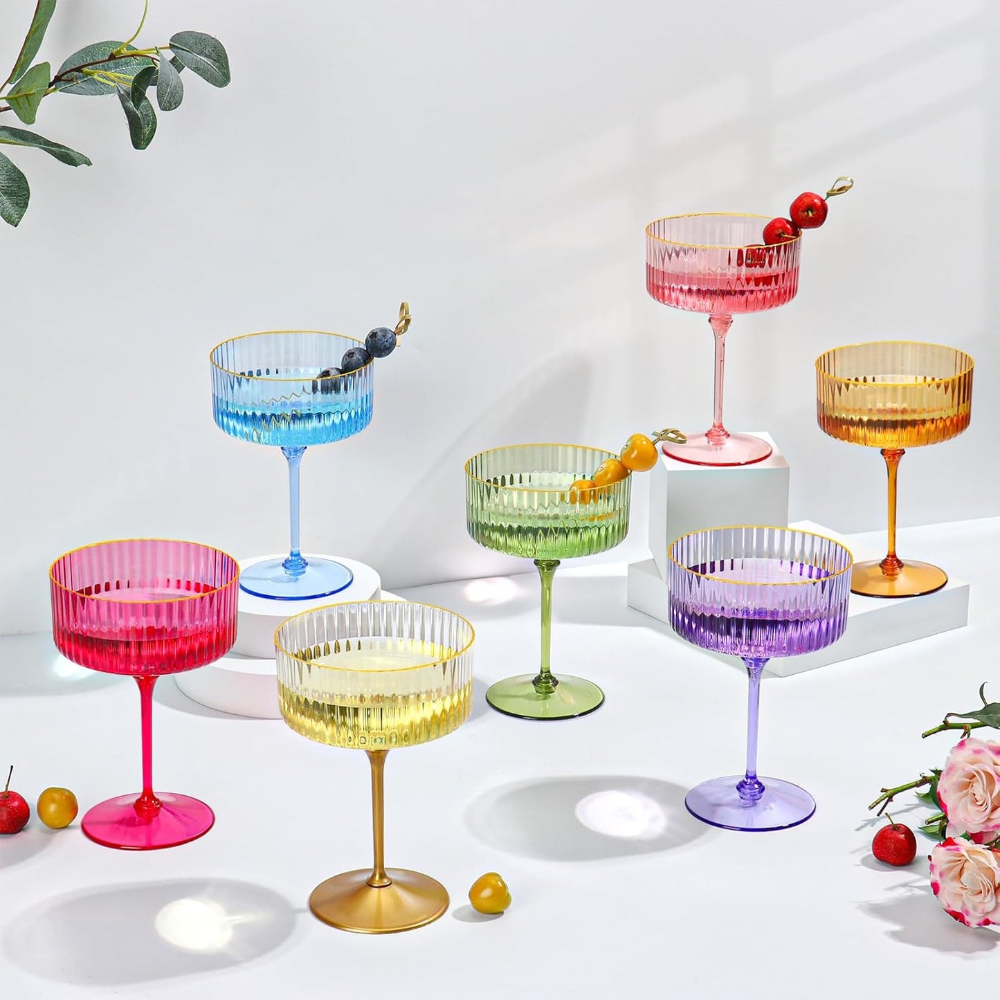 Skiennix 12 PCS Pink Ribbed Coupe Glasses - 10oz Vintage Cocktail Glassware with Gold Rim for Weddings & Parties