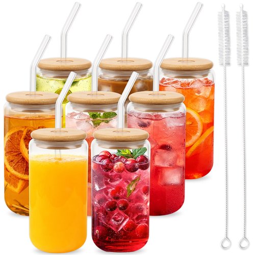 Alotpower Borosilicate Glass Cups with Lids and Straws, 16 oz Reusable Tumbler Set (8-Pack) Includes Bamboo Lids, Glass Straws & Brush for Iced Coffee, Bubble Tea, Cold Beer, Juice