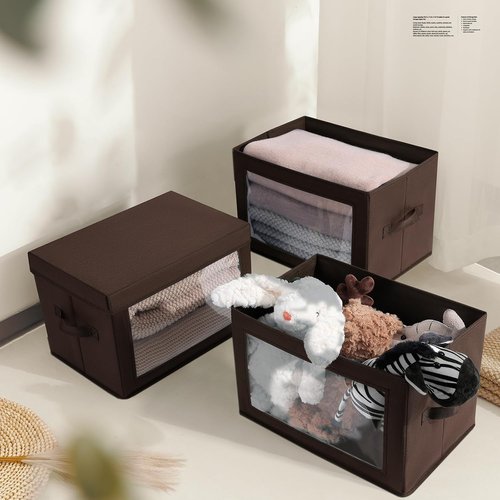 Homsorout Brown Fabric Storage Bins - 6 Pack Modern Lidded Bins, 14 Inch for Clothes & Office Supplies