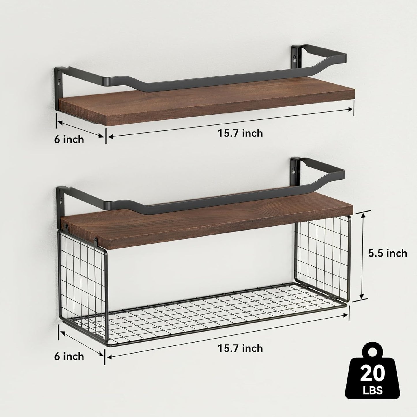 WOPITUES Floating Shelves - Wood Wall Storage with Wire Basket & Metal Guardrail - Dark Brown
