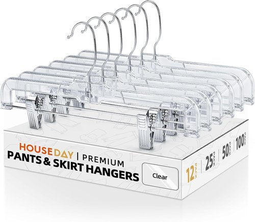 HOUSE DAY 14-Inch Clear Plastic Skirt Hangers - 12 Pack with Adjustable Clips & 360° Swivel Hook