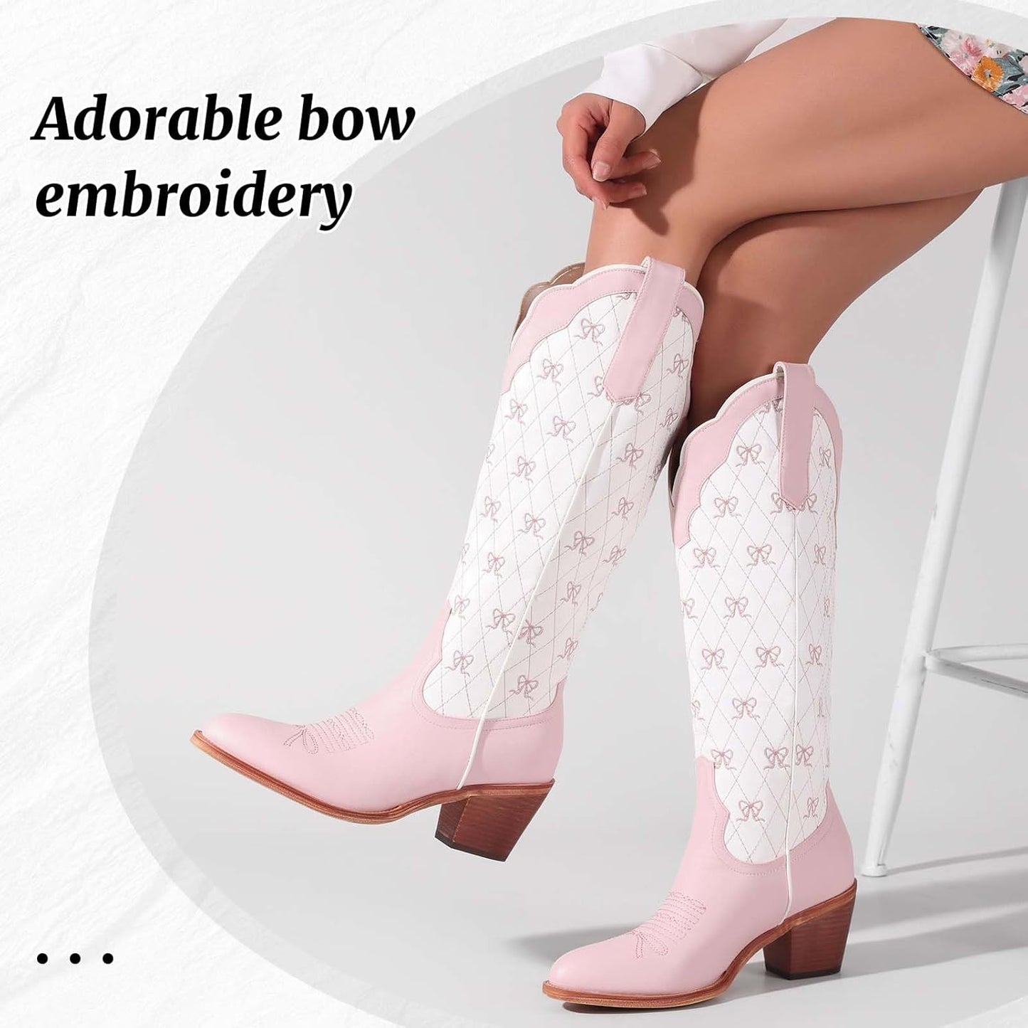 Skiennix Cowboy Boots - Embroidered Knee High Cowgirl Boots with Chunky Heel & Pearl Detail | Perfect for Dressy Parties